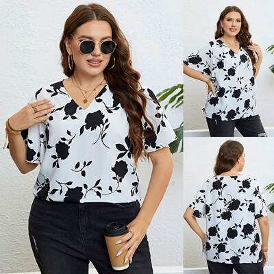 plus size women clothes tops 夏季大码女装 印花V领宽松上衣