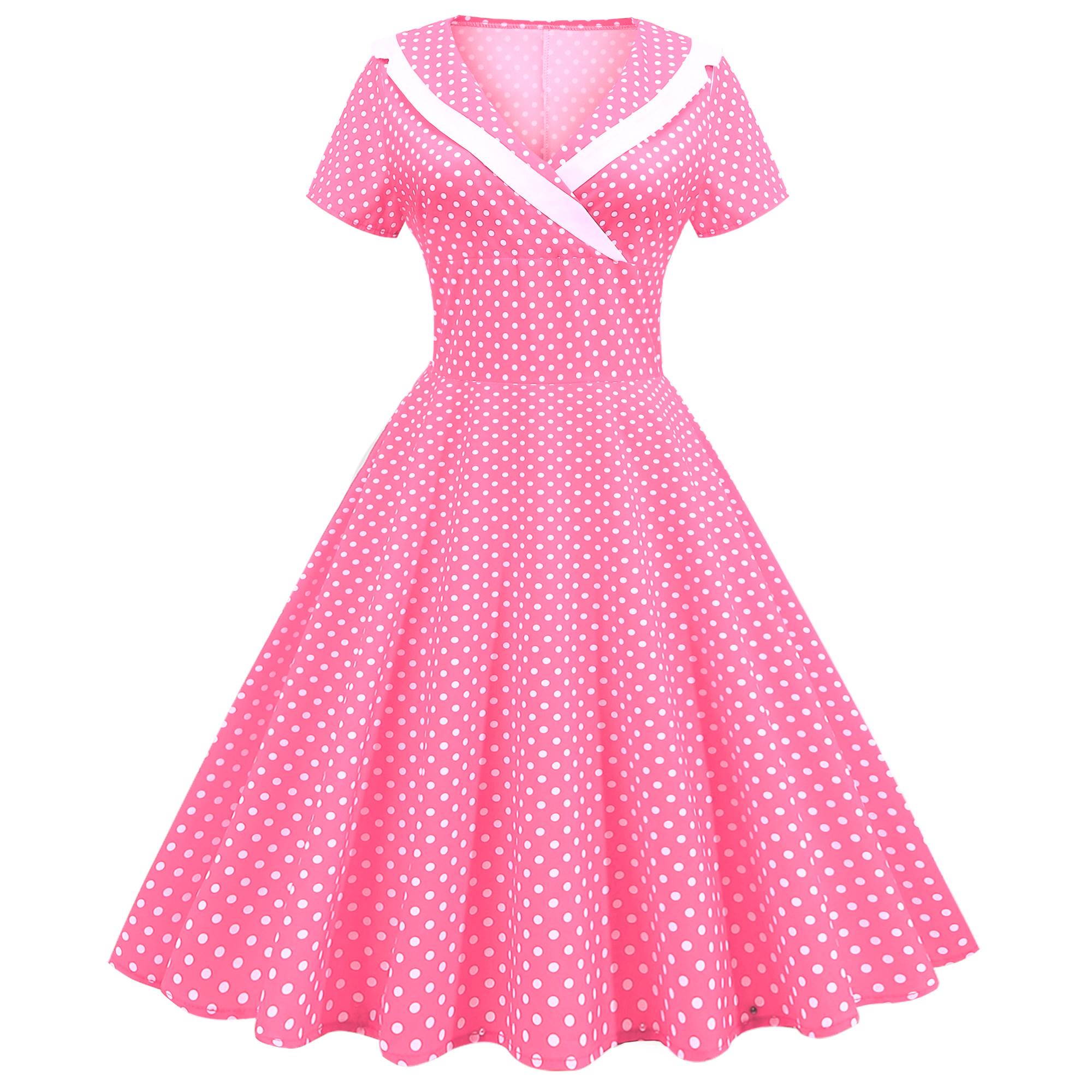 甜美夏季V领波点圆点印花修身A字短袖大摆连衣裙表演跳舞裙DRESS