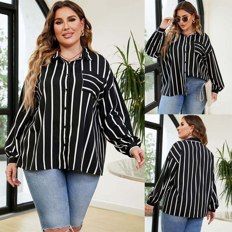 plus size women Autumn striped shirts 200斤大码女人条纹衬衫