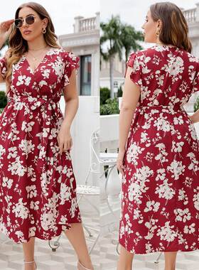 summer flower print women plus size dress 夏季大码显瘦连衣裙