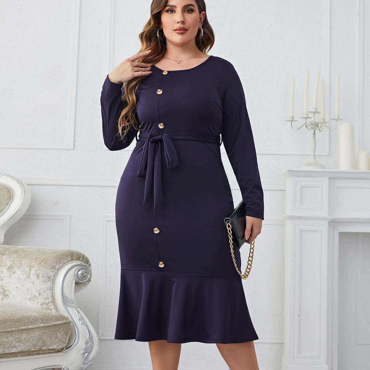 Autumn fat women dress 秋冬大码气质长袖系腰带长款包臀鱼尾裙