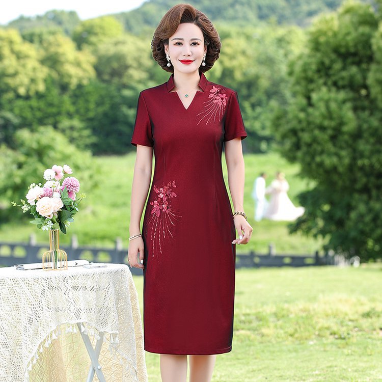结婚礼服妈妈夏装改良旗袍连衣裙高贵红色喜婆婆婚宴夏季平时可穿