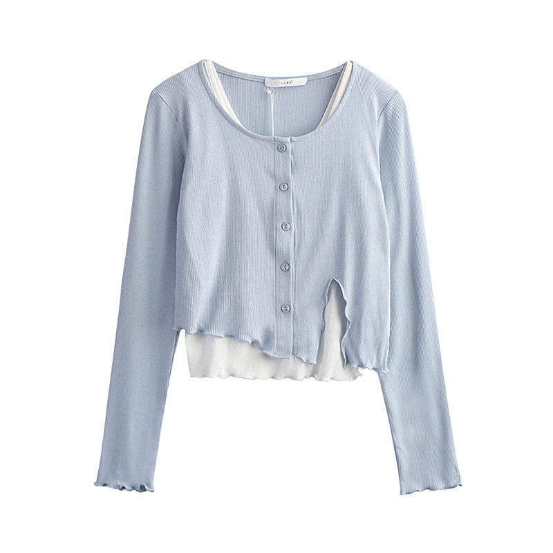 2024 신작 카운터 긴팔 티셔츠 여성 정장 이른 봄 디자인 틈새 얇은 짧은 탑 서스펜더 가짜 두 조각