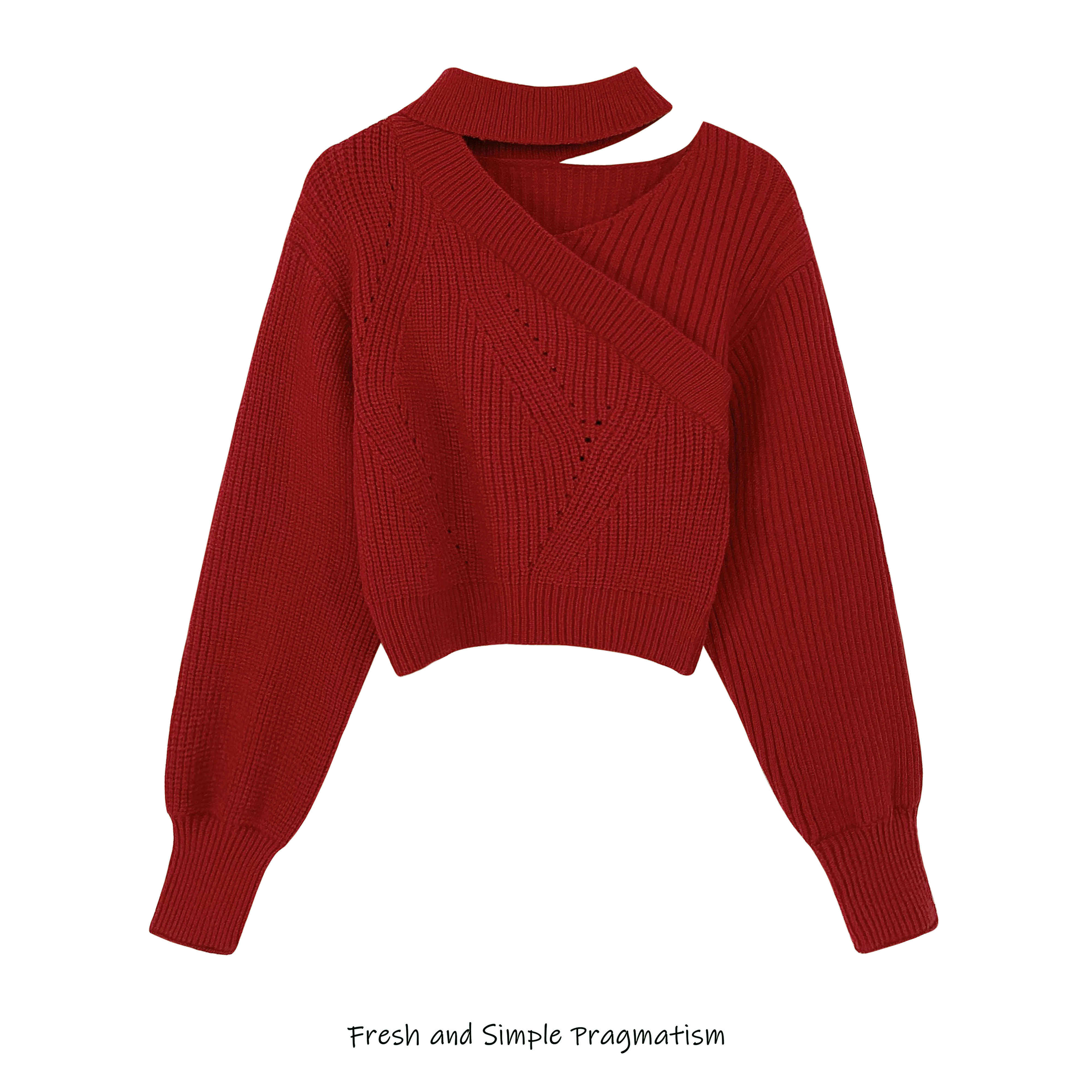 여성 의류 봄 가을 크리스마스 레드 홀터넥 넥 스웨터 디자인 틈새 세련된 중공 니트 탑의 카운터 제거