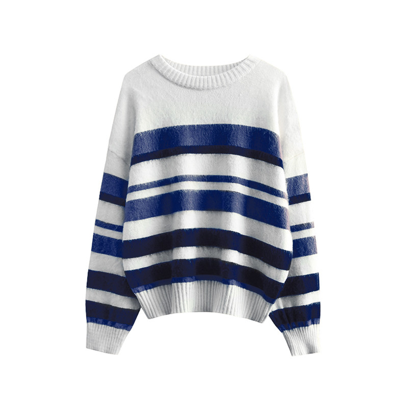 카운터 여성 의류 2024 가을 겨울 한국 스타일 게으른 스타일 라운드 넥 세련된 부드러운 밀랍 대비 스트라이프 풀오버 스웨터 탑
