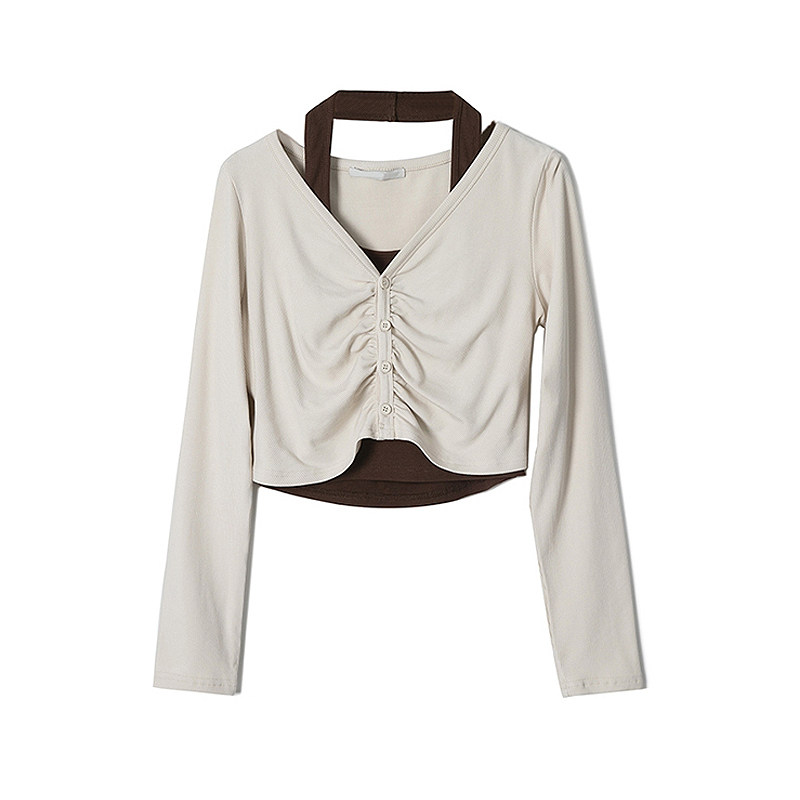 2024 신작 카운터 여성 캐주얼 투피스 티셔츠 여성 쇼트 스타일 이너웨어 봄 가을 틈새 슬림 긴팔 탑