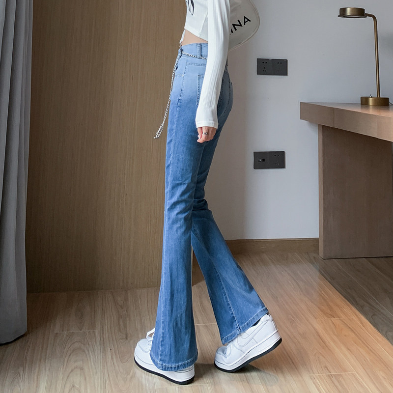 쇼핑몰 철수 카운터 그라데이션 컬러 마이크로 플레어 슬릿 청바지 봄 가을 여성 하이웨이스트 슬림 핫 걸 체인 장식 긴 바지