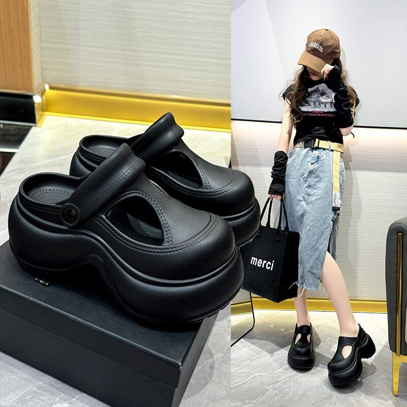 包头半拖鞋女夏外出新款防滑厚底增高不累脚黑色时尚手术室凉鞋女