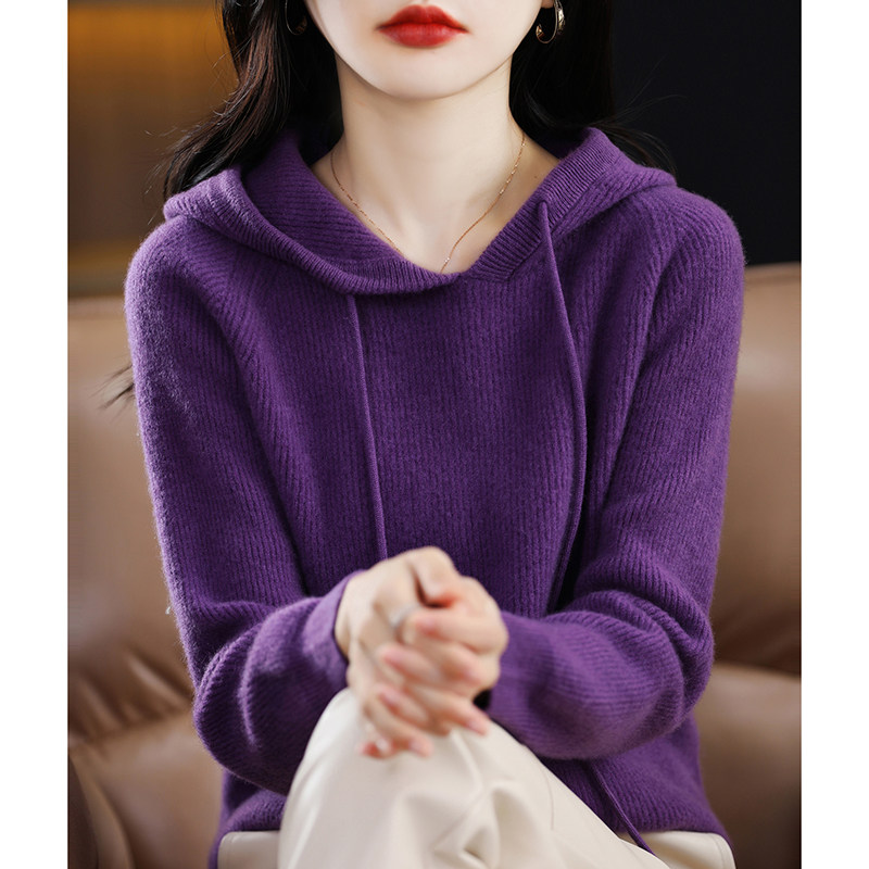 100%纯羊毛衫女连帽针织衫抽绳宽松毛衣秋冬季带帽卫衣加厚打底衫