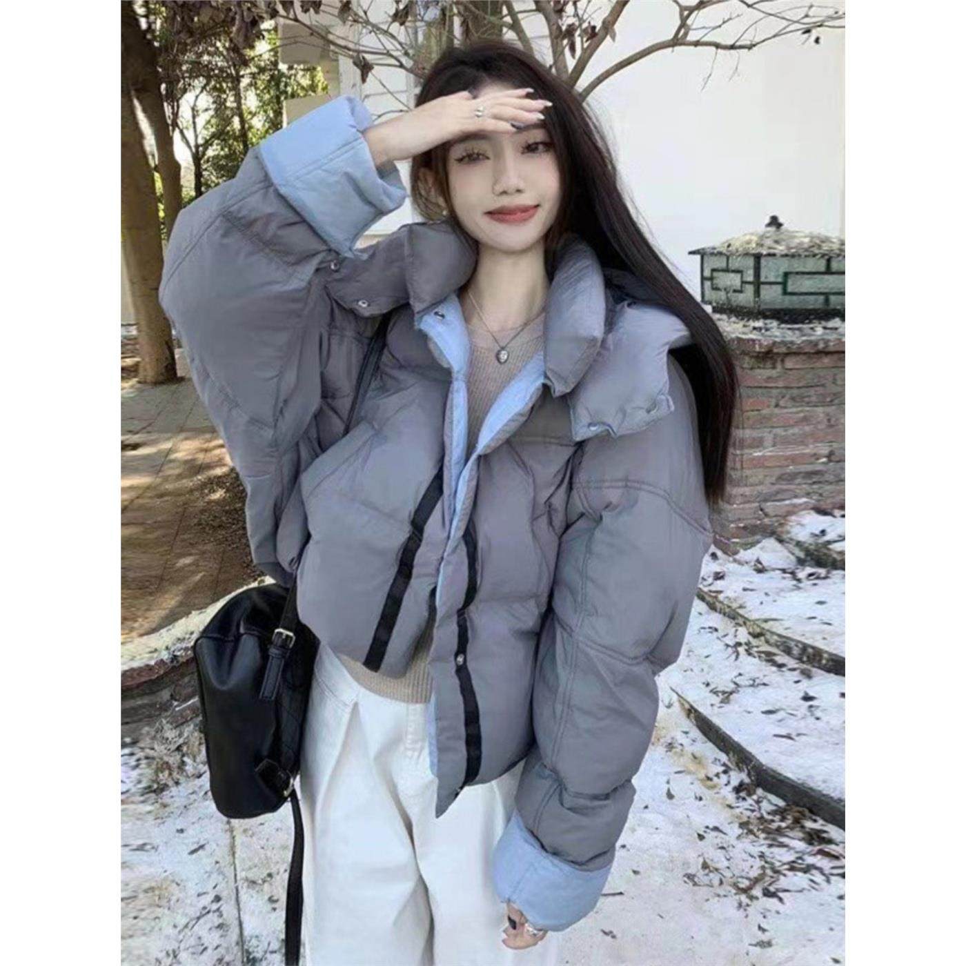 双面穿面包服女2025年冬季新款韩系连帽短款撞色宽松小个子棉服