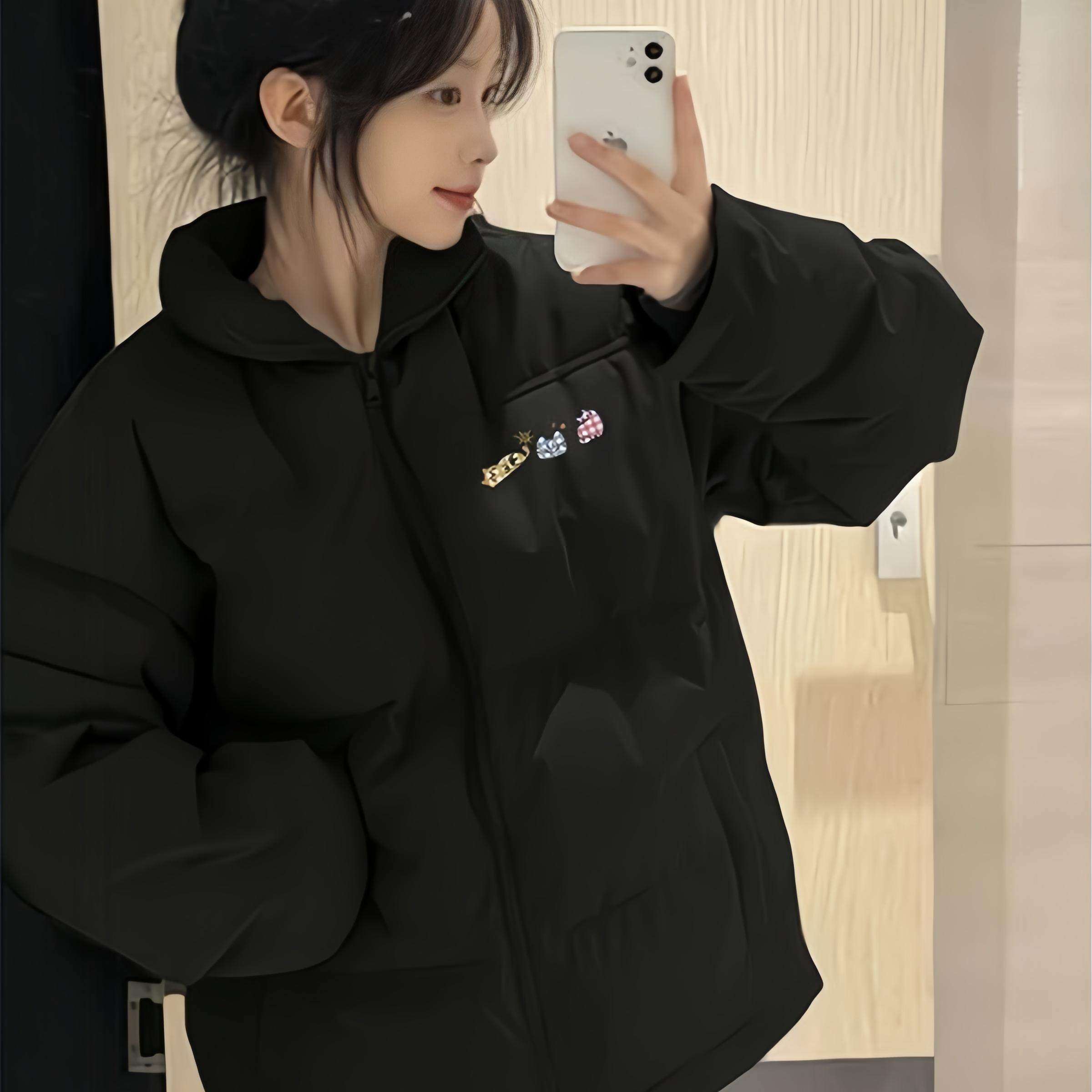 黑色百搭立领羽绒棉服女大童冬季初中高中学生宽松外套面包服棉袄