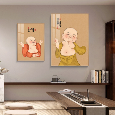 笑口常开弥勒佛装饰画中式茶室背景墙挂画禅意字画书房餐厅壁画