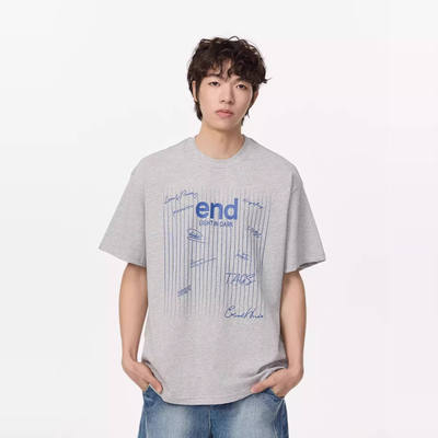 Endweep 竖条字母涂鸦短袖T恤夏季宽松美式潮流情侣上衣