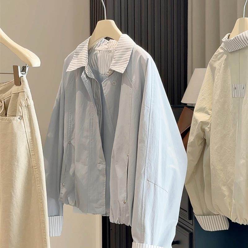 韩版假两件条纹拼接翻领短外套女2026春装新款宽松显瘦休闲夹克衫