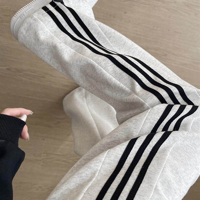 灰色运动裤女春秋2026新款宽松条纹卫裤束脚休闲小个子直筒阔腿裤