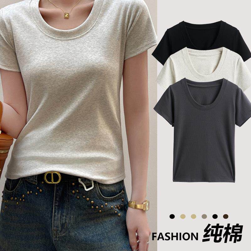 经典款纯棉圆领正肩短袖t恤女士2026新款T春夏季可外穿修身打底衫