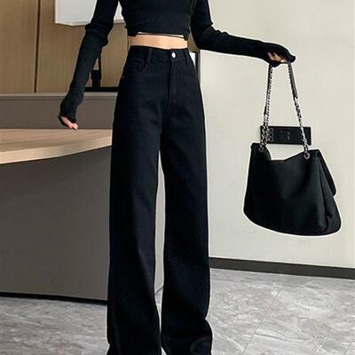 2026年春秋季新款黑色高腰阔腿牛仔裤女小个子宽松垂感拖地直筒裤
