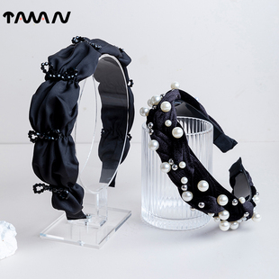 发箍缎面丝绒发卡黑色高级感气质轻奢洋气蝴蝶结水钻高颅顶头箍女