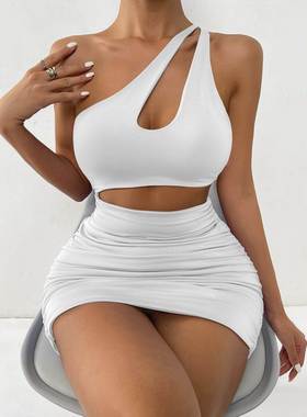 Women's one-shoulder hollow bag hip dress 单肩镂空包臀连