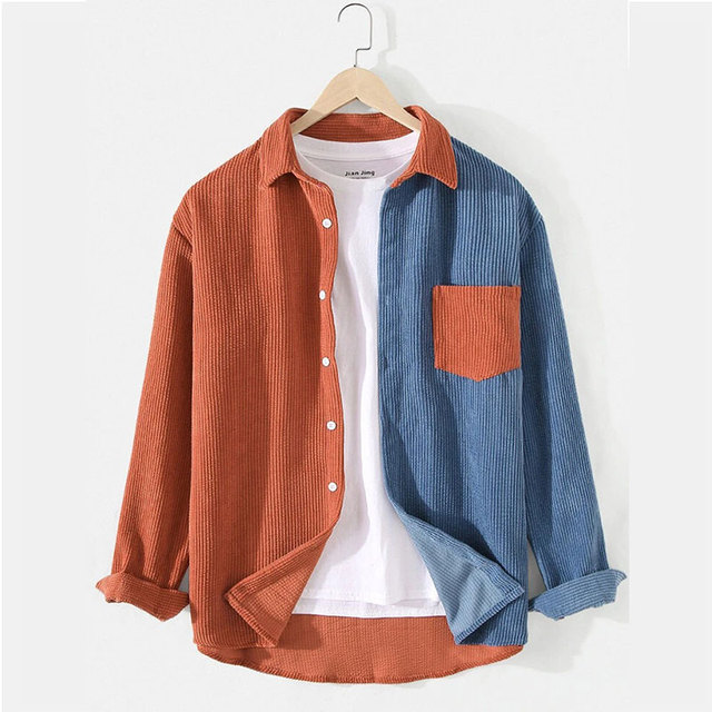 Men's Lapel Pocket Long Sleeve Shirts Corduroy Patchwork