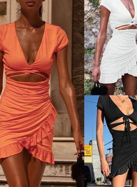 Ladies lace-up ruffled hip pleated dress荷叶边包臀百褶连衣裙