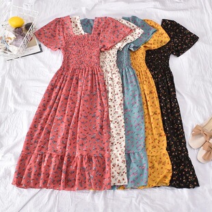 women clothes2026夏季韩版新款裙子复古百搭方领碎花印花收腰显