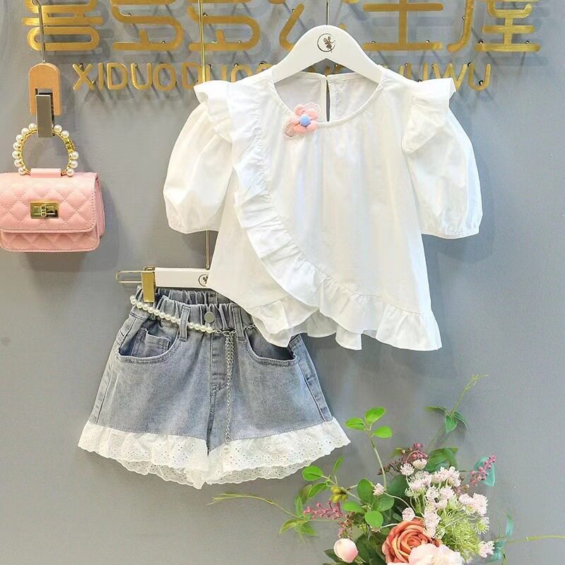 夏季新款女童套装泡泡袖