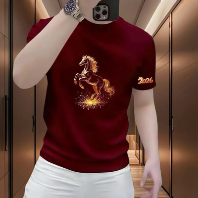 马年红色喜庆100%纯棉印花T恤本命年时尚新款上衣圆领休闲男短袖