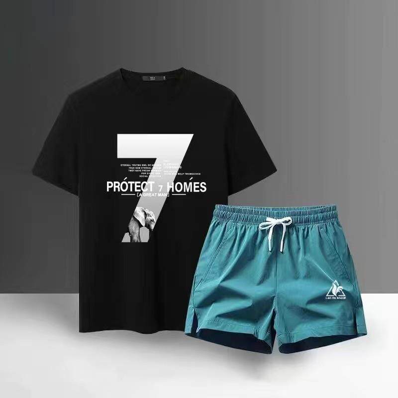 法国公鸡夏季新款休闲运动套装男大码短袖冰丝t恤短裤潮流两件套