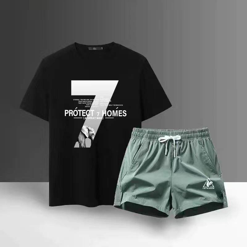 法国公鸡夏季新款休闲运动套装男大码短袖冰丝t恤短裤潮流两件套