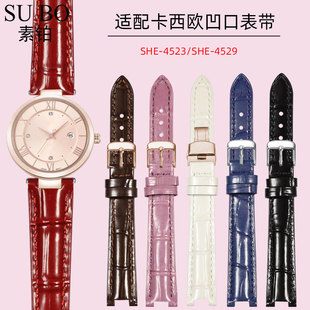适配sheen卡西欧系列女士SHE-4529/4523PGL7手表带凹接口真皮黑红