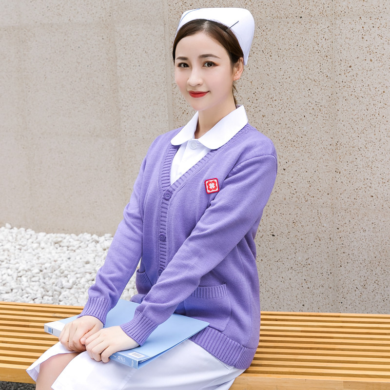 护士毛衣女外套开衫藏蓝色新款外搭护士服针织衫冬季加绒加厚医院