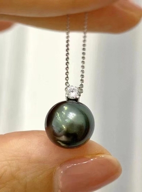 大溪地王妃吊坠~9-10mm海水黑珍珠18k金头镜面光OL高贵气场