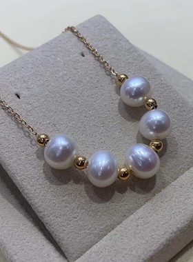 笑口常开好彩自然来~14 k注金微笑项链淡水珍珠6-7mm椭圆强光微瑕