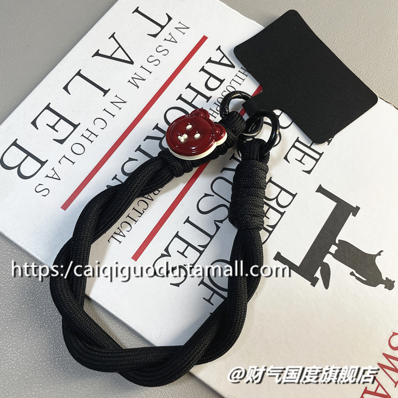 可爱立体小熊手腕挂绳手机壳ccd相机钥匙扣包包通用挂件黑色纯色简约男女短款双扣结实挂饰拆卸挂链便携防丢
