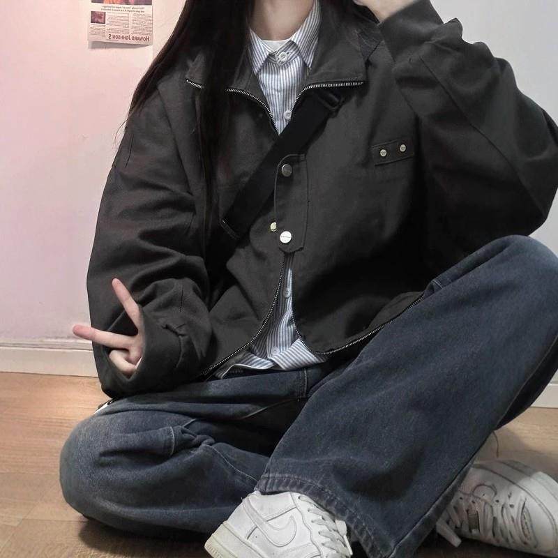 黑色外套女春秋款2025春季宽松休闲翻领夏季薄款夹克上衣棒球服潮