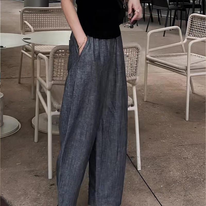 灰色亚麻休闲裤女夏季新款高腰显瘦慵懒宽松九分直筒弯刀阔腿裤