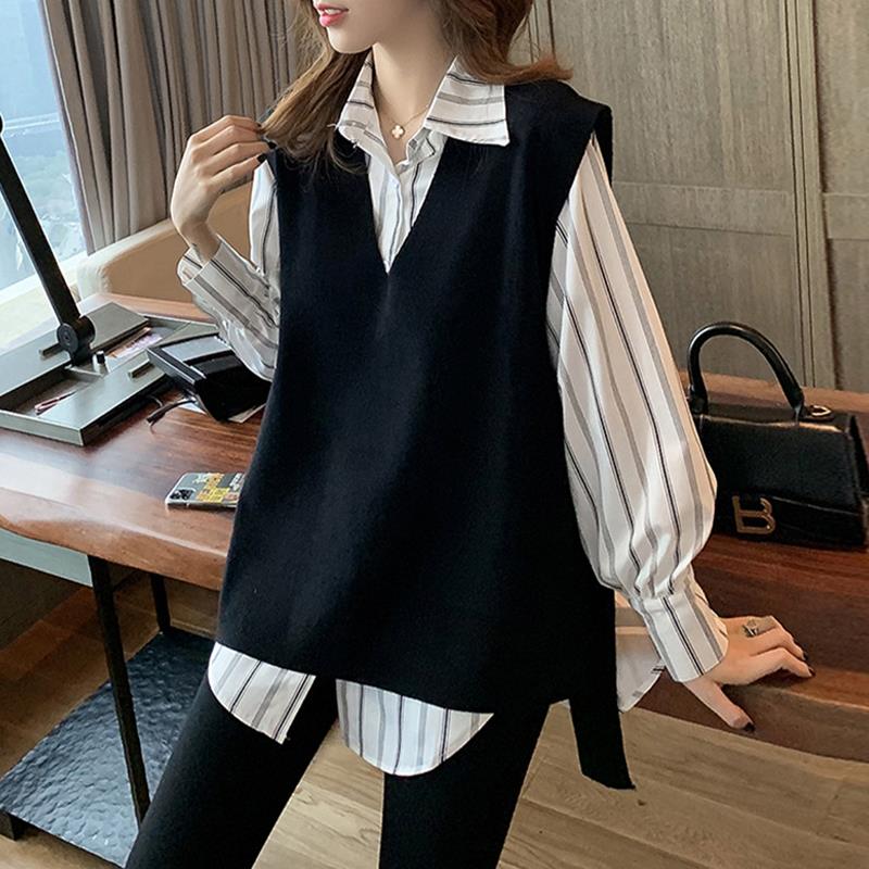 大码女装遮肚子长袖条纹衬衫女春秋胖妹妹遮肉显瘦毛呢马甲两件套