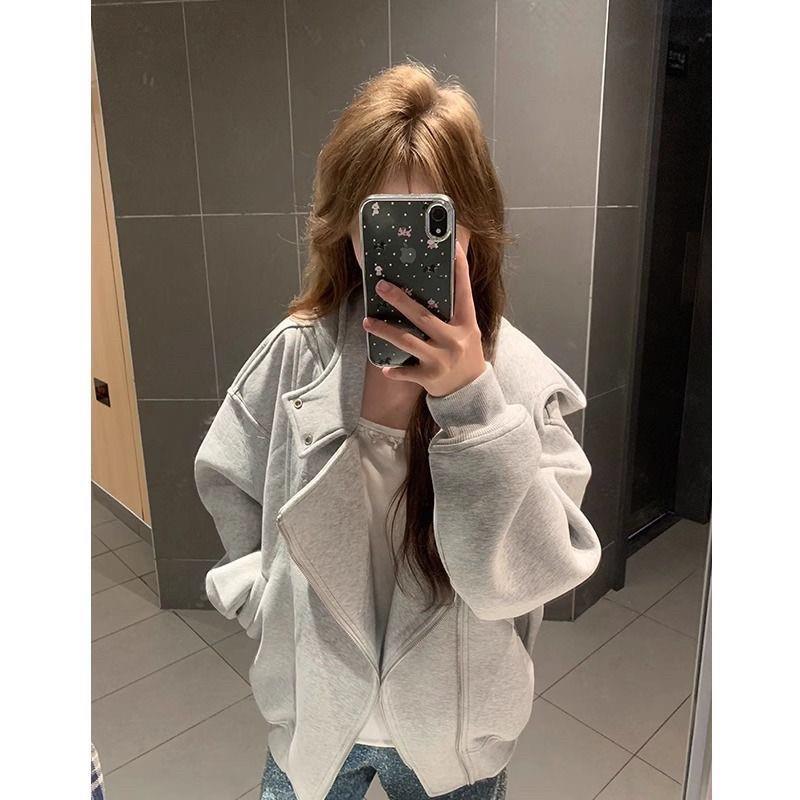 美式灰色双拉链不规则连帽开衫外套女2026新款春秋薄款高级感卫衣