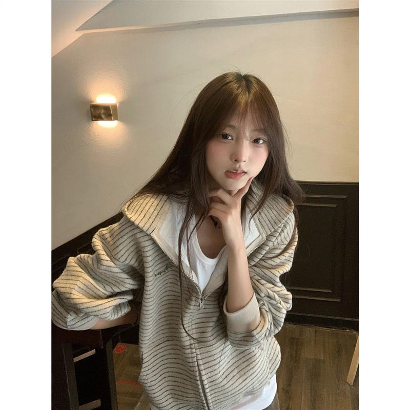 韩系条纹开衫连帽卫衣女秋冬季2026新款宽松慵懒风情侣拉链外套潮