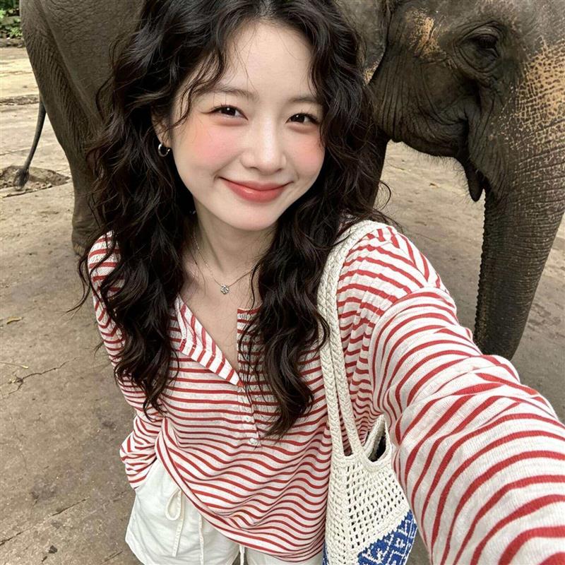 美式条纹半开领长袖t恤女春秋宽松显瘦慵懒风防晒罩衫百搭上衣潮