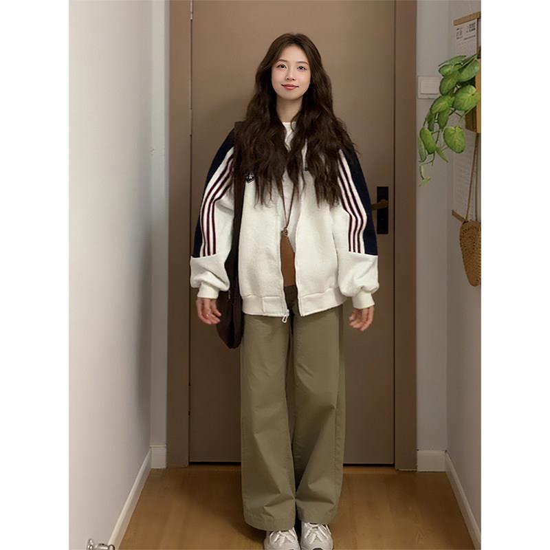条纹美式复古撞色拉炼外套女早春秋薄款宽松慵懒风棒球服开衫厚棉