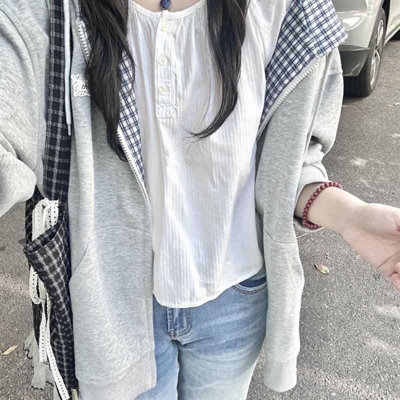 格子拼接拉炼连帽开衫卫衣女春秋新款休闲宽松慵懒风oversize外套