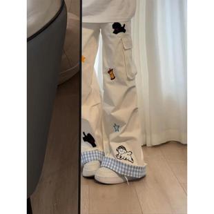 小狗刺绣直筒阔腿长裤 美式 女夏季 复古格子翻边趣味口袋工装 牛仔裤