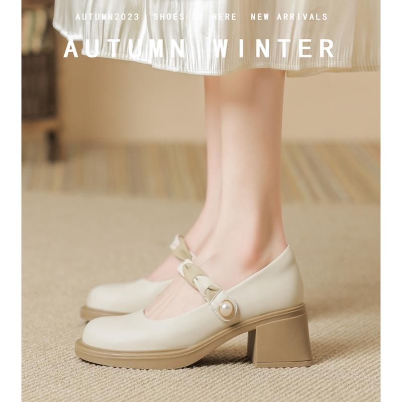 新中式中跟旗袍鞋子浅色粗跟高跟鞋软底玛丽珍小皮鞋不累脚凉鞋