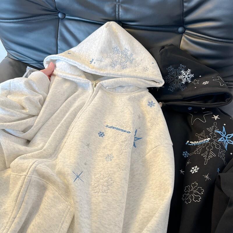 纯棉重工绣花雪花刺绣重磅开衫厚棉T女款连帽衫春秋冬加绒外套女