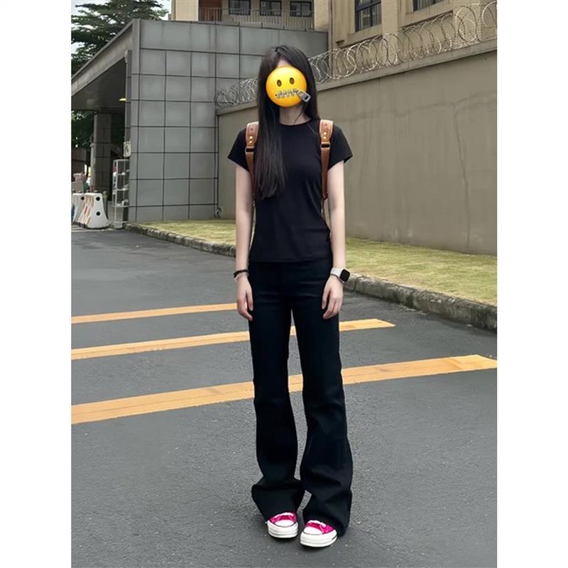 cra黑色美式微喇牛仔裤男女款夏薄款高街情侣裤子高腰窄版直筒裤