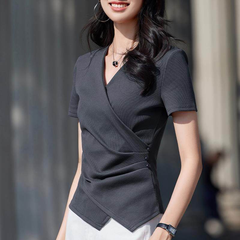 不规则V领短袖T恤女夏季2025新款高级灰色抽褶修身气质上衣体恤潮