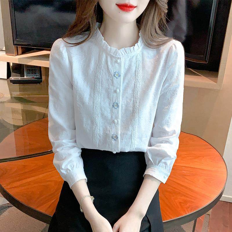 2025春秋新款木耳边立领纯棉衬衫女长袖刺绣花朵洋气衬衣棉麻上衣