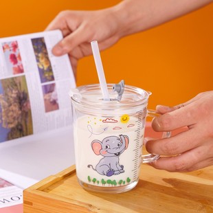 茶包杯子卡通玻璃杯吸管杯家用儿童牛奶早餐杯水杯创意带把刻度水